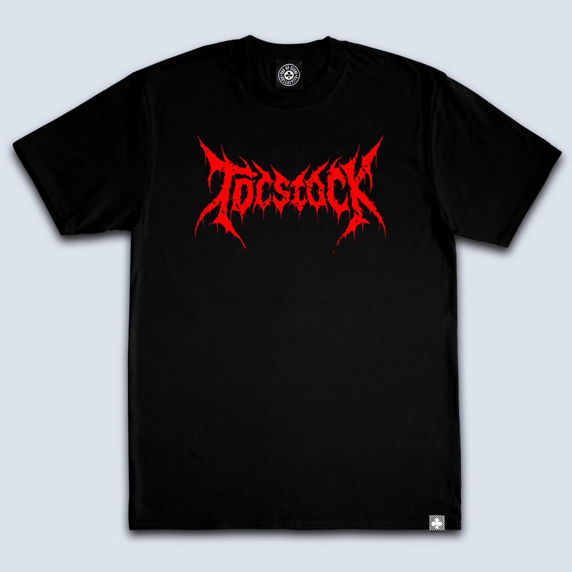 TOCstock The Revenge short-sleeve tee in black, flat lay showing the TEN OF CLUBS TOCstock logo printed on the chest against a clean white studio background.
