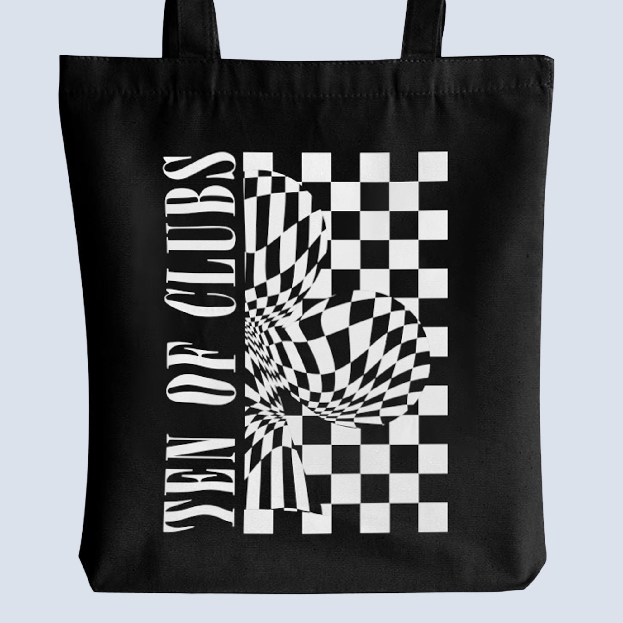 TEN OF CLUBS Wave Tote Bag in black with graphic artwork on the front, photographed flat lay against a clean white studio background.