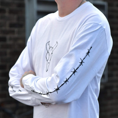 TEN OF CLUBS Bull Horns Long Sleeve Graphic Tee with barbed wire sleeve prints