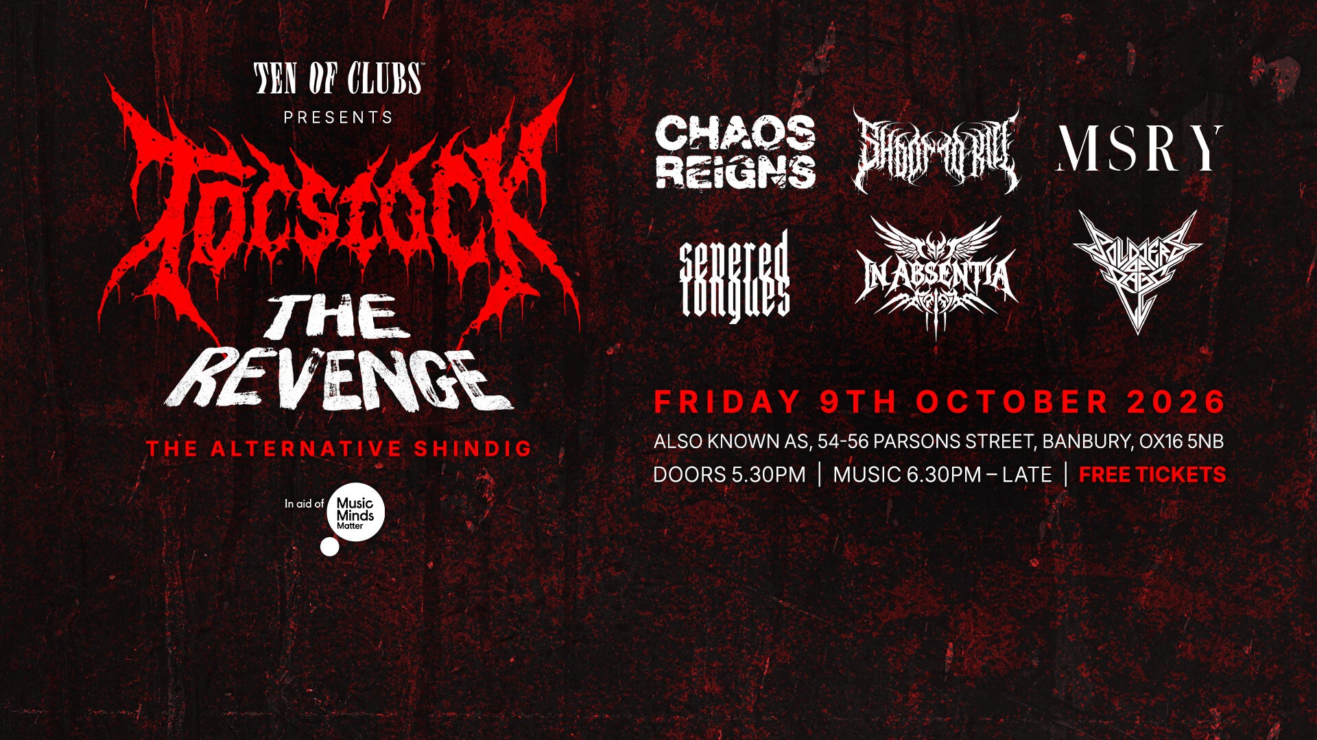 Poster for TEN OF CLUBS presents TOCStock: The Revenge live heavy music event in aid of Music Minds Matter