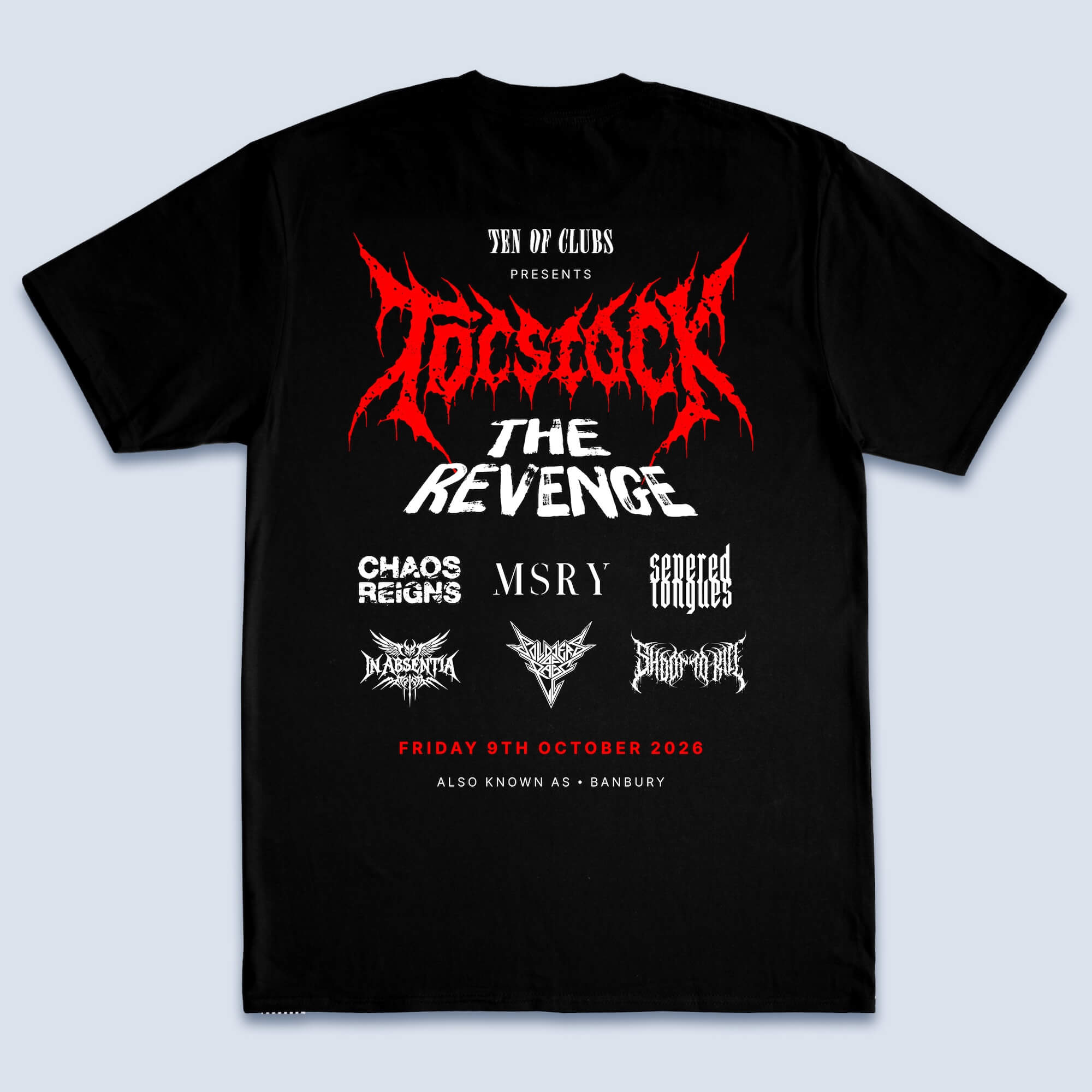 TOCstock The Revenge short-sleeve tee in black, flat lay showing the event artwork and six-band line-up printed on the back against a clean white studio background.