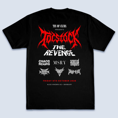 TOCstock The Revenge short-sleeve tee in black, flat lay showing the event artwork and six-band line-up printed on the back against a clean white studio background.
