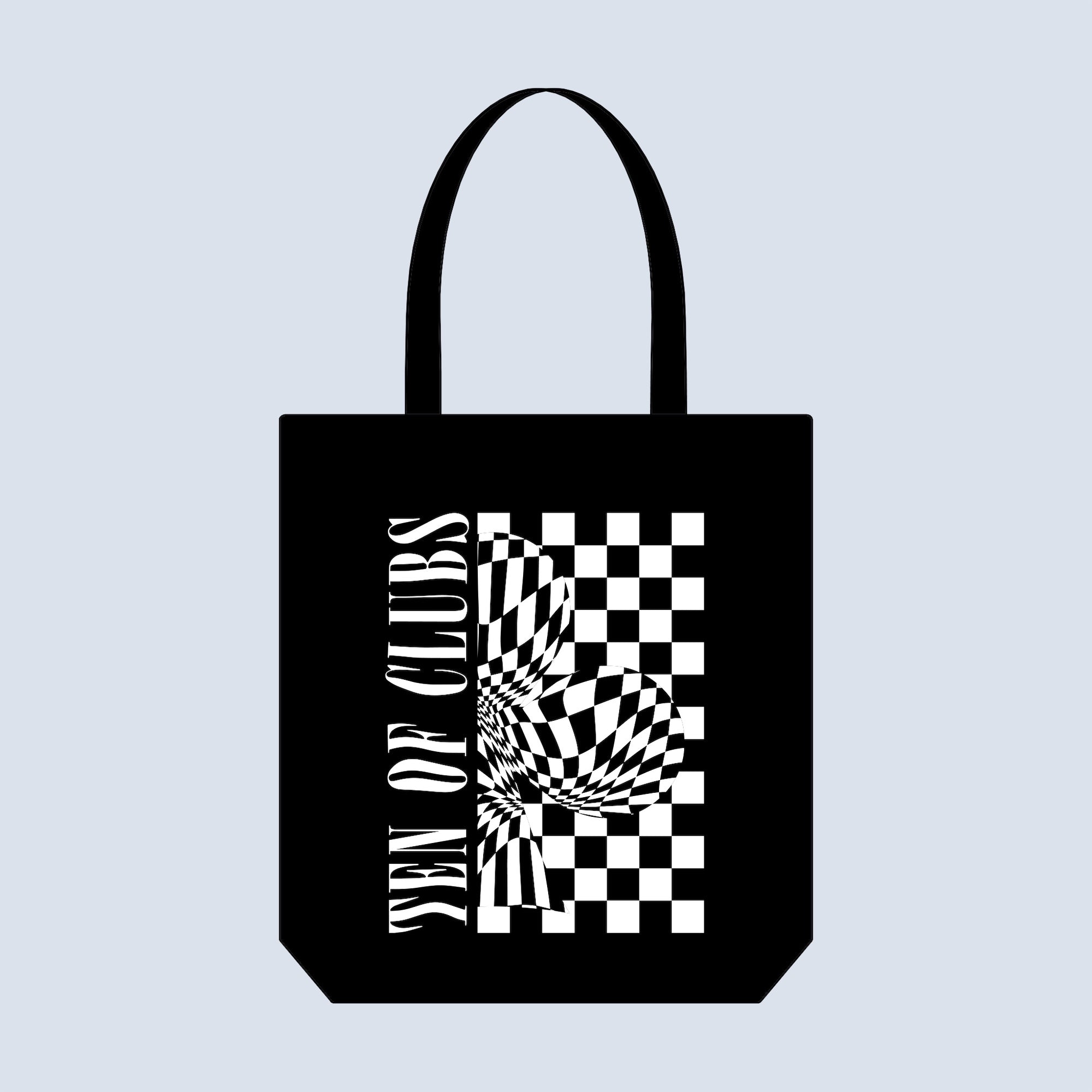 TEN OF CLUBS Wave Tote Bag in black with graphic artwork on the front, photographed flat lay against a clean white studio background.